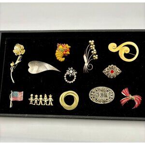 60s-90s Brooches 12 Pc Mix Rhinestone Goldtone Enamel Lucite Pearl Pewter-22